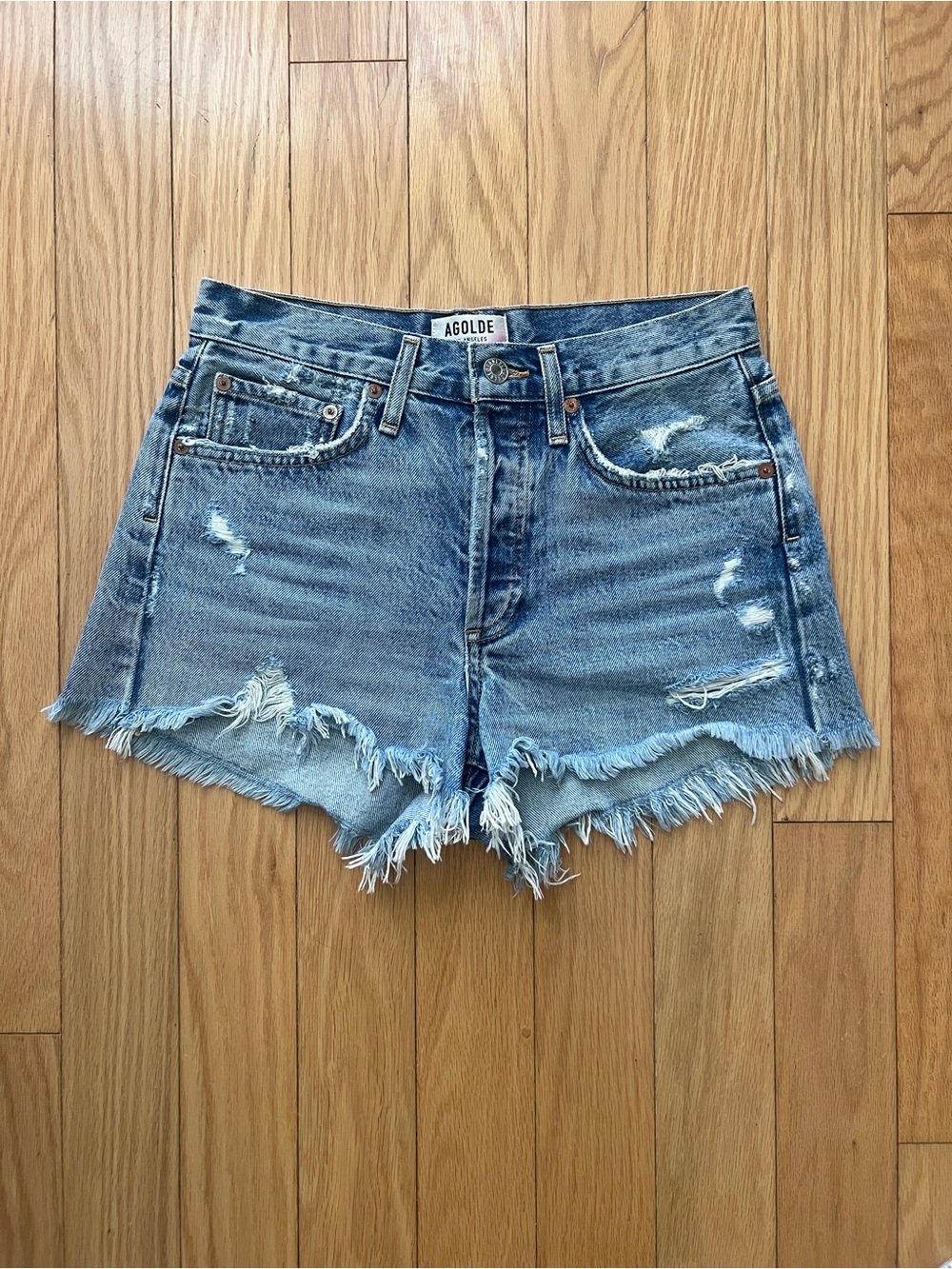 Agolde Light Blue High-Rise Distressed Denim Cutoff Shorts